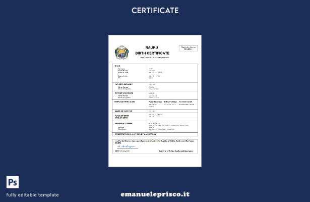 certificato di nascita dello stato civile di Nauru in stile verificato Modello W